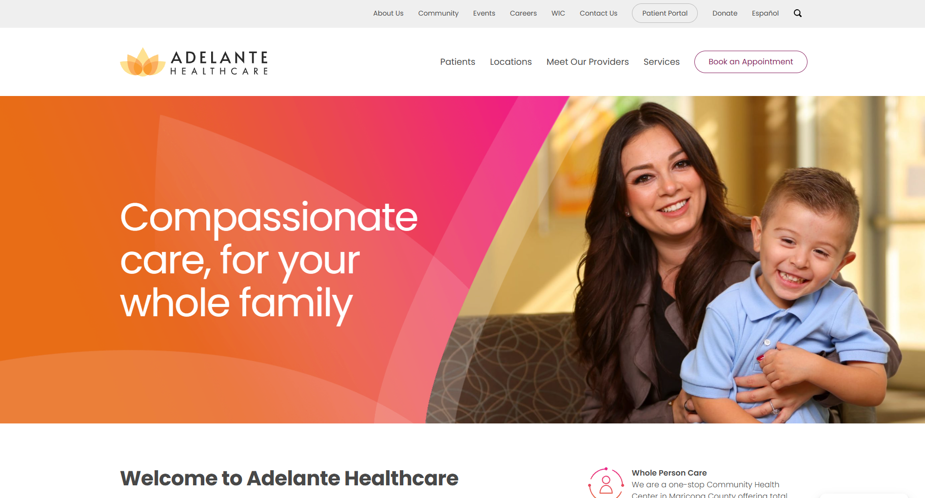 Full-width Adelante Healthcare homepage highlighting compassionate family care