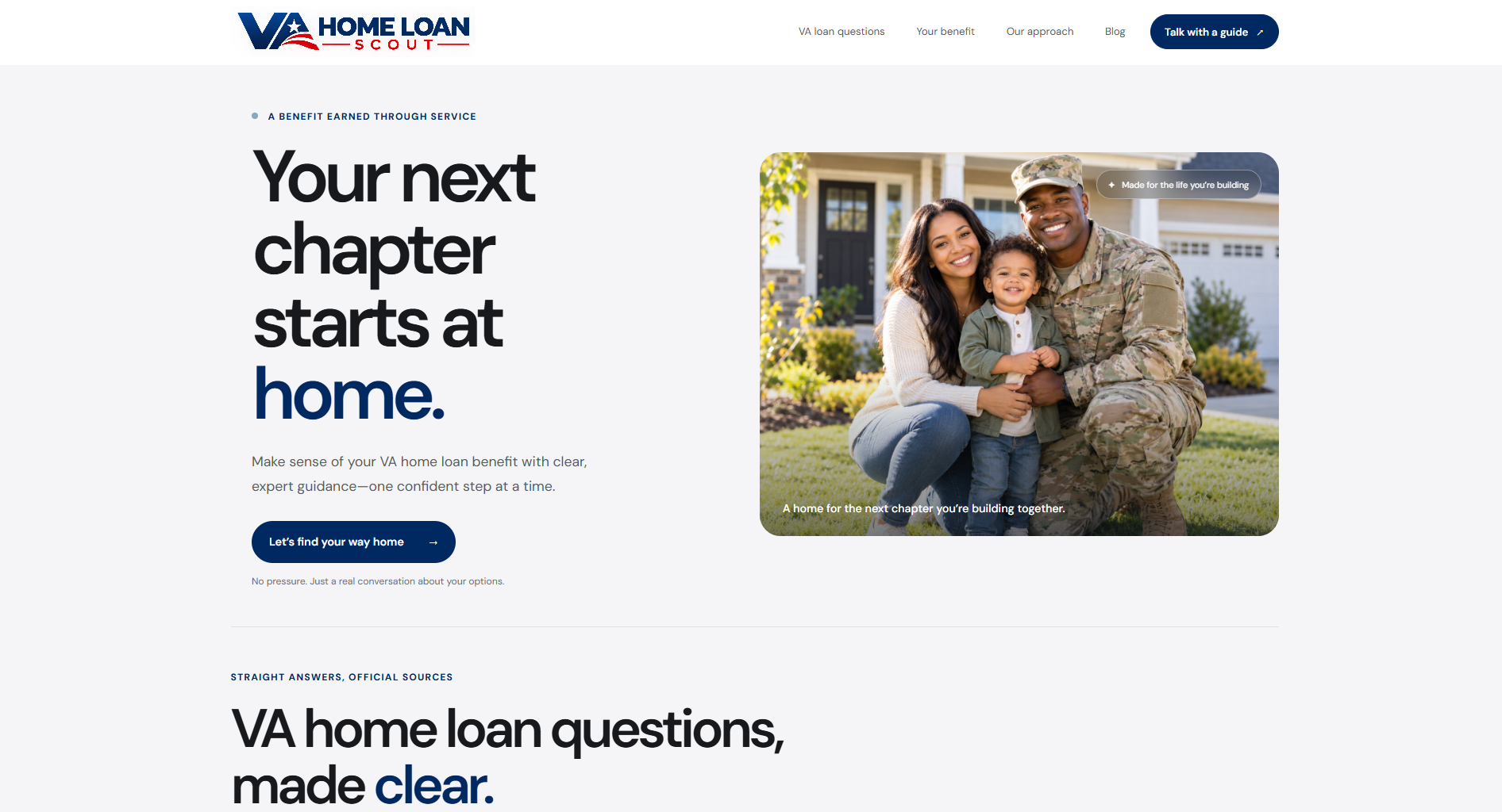 Actual VA Home Loan Scout homepage, with its veteran home loan guidance and family photo
